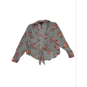 Polly & Esther Black Floral Cuff Sleeve Cropped Tie Front Top S
